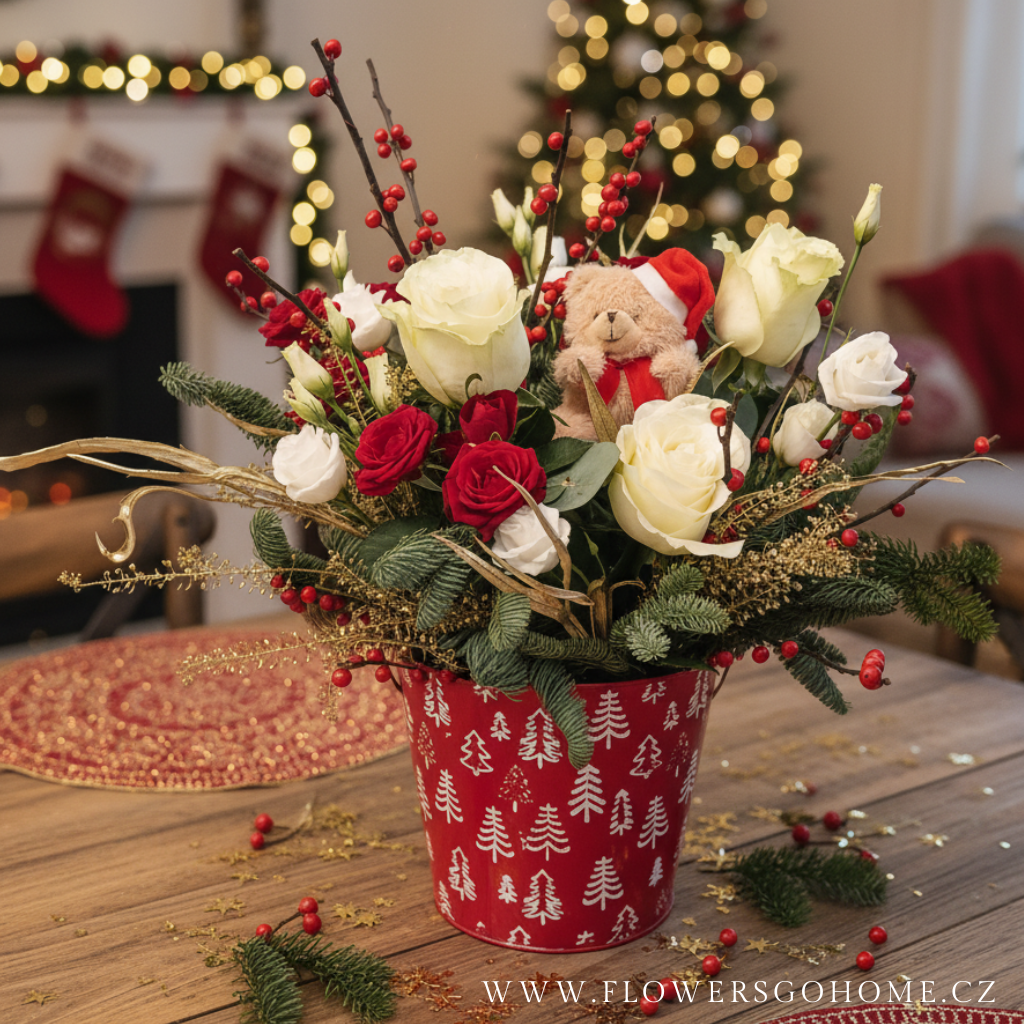 Vánoční dekorace - dárek k Vánocům s medvídkem